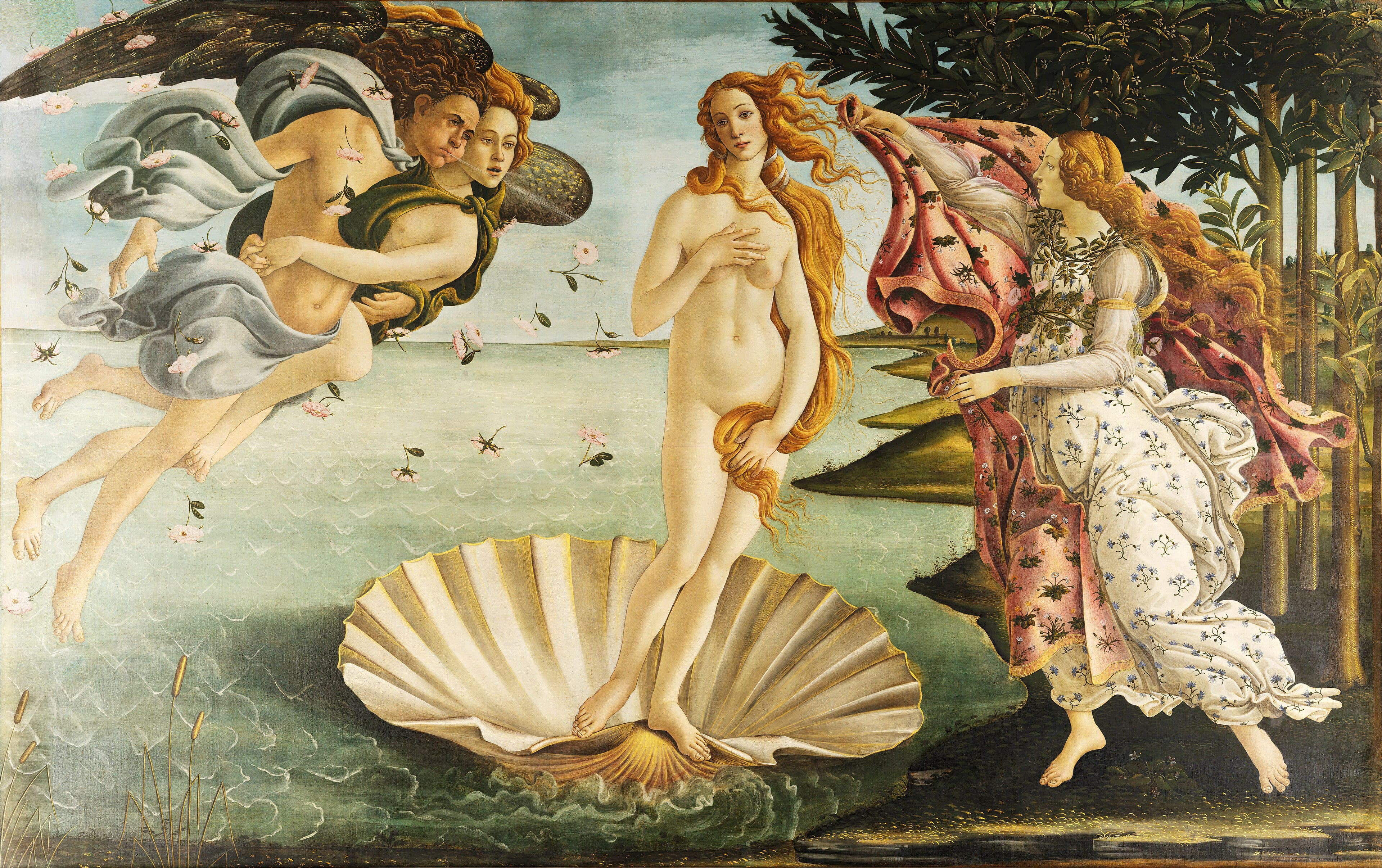 A naked goddess with long red-gold hair stands on a scallop shell at sea while two winged winds blow her ashore and a woman waits with a flowered cloak — Sandro Botticelli, The Birth of Venus, c. 1484–1486