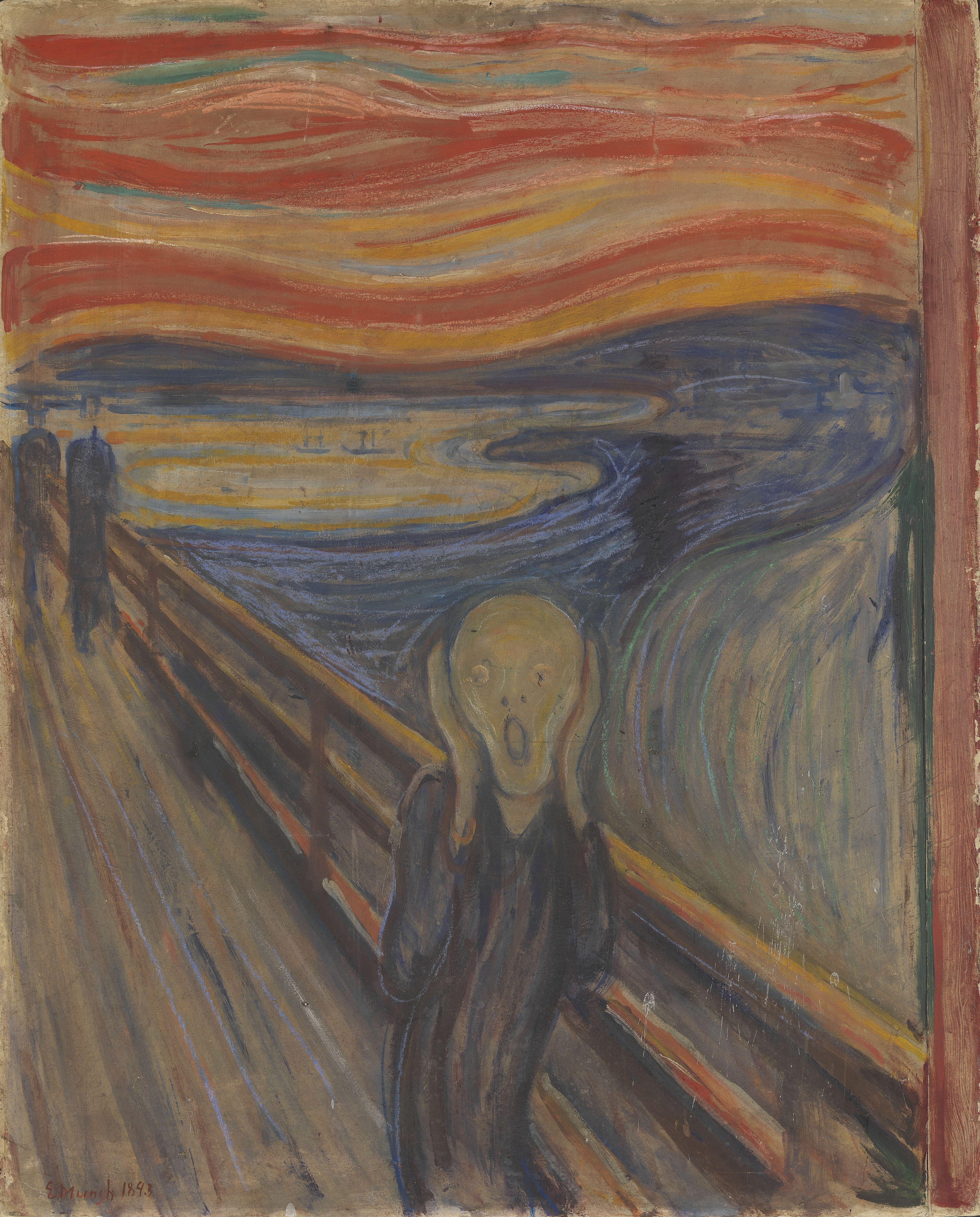 A skull-faced figure clutches its face on a railed road beneath a swirling blood-red sky over a dark blue fjord — Edvard Munch, The Scream, 1893